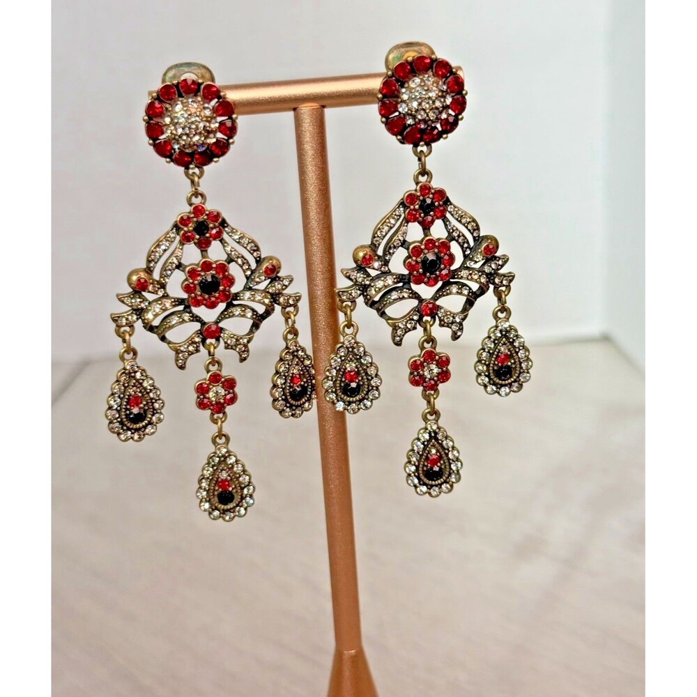 Heidi Daus Baroque Art Deco Filigree Crystal Chandelier Drop Earrings Vtg Read